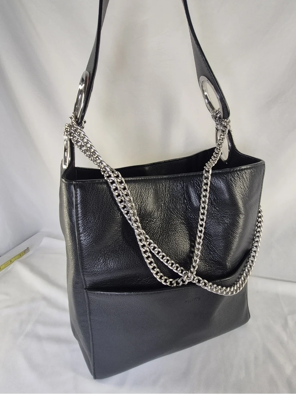 Pinko Black Leather Bucket Hobo Bag Purse Tote Chain Strap